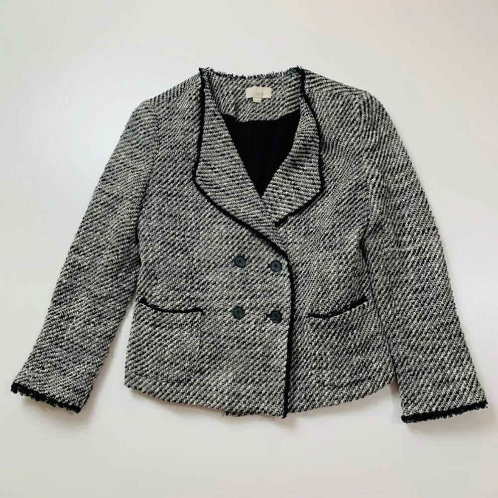 Ann Taylor LOFT Jacket BlazerTweed Black White Fringe Double Breast Knit Cardiga